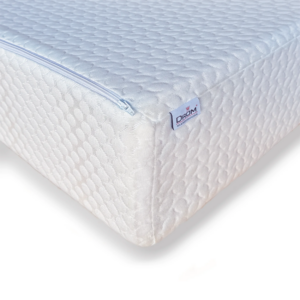 Drom Wit matrasvernieuwer met rits en afneembare hoes, hoekdetail met DRÖM-label